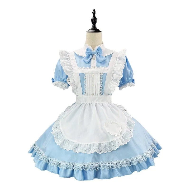 Sky Blue and White Alice-Inspired Maid Dress with Ruffled Apron and Matching Headband