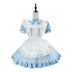 Sky Blue and White Alice-Inspired Maid Dress with Ruffled Apron and Matching Headband