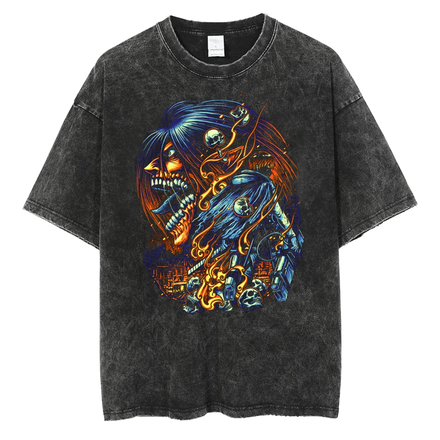 Anime Goth Oni Graphic Oversized Washed Streetwear Cotton T-Shirt