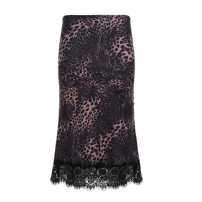 Low Rise Leopard Print Lace Trim Asymmetrical Midi Skirt