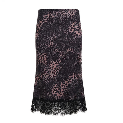 Low Rise Leopard Print Lace Trim Asymmetrical Midi Skirt