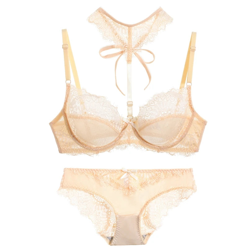 Ethereal Beige Sheer Mesh Underwire Bra Set with Lace Halter Accent