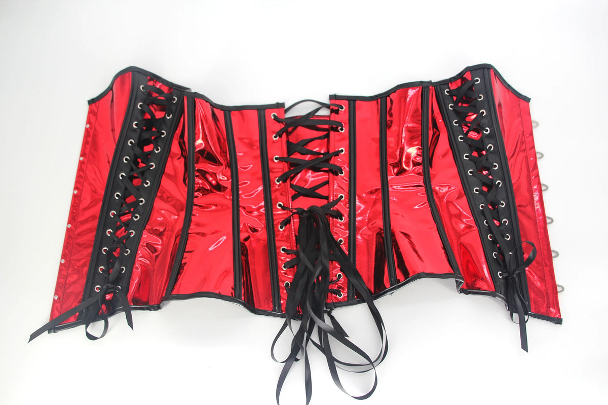 Iridescent Silver Holographic Overbust Corset with Front Busk and Ribbon Lace-Up Detailing