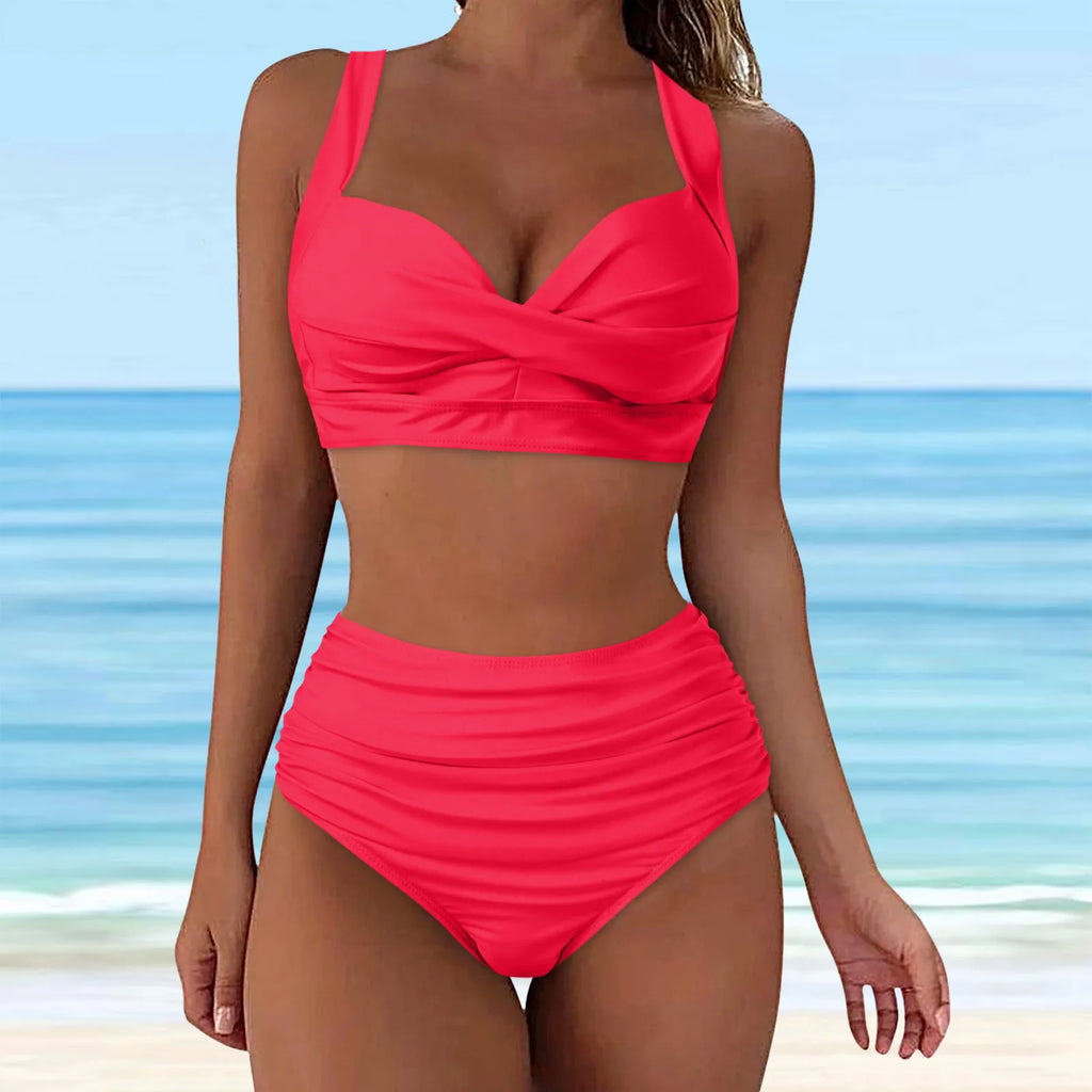 High-Waisted Blue Two-Piece Bikini Set with Structured Cup Detail and Feminine Frill Accent