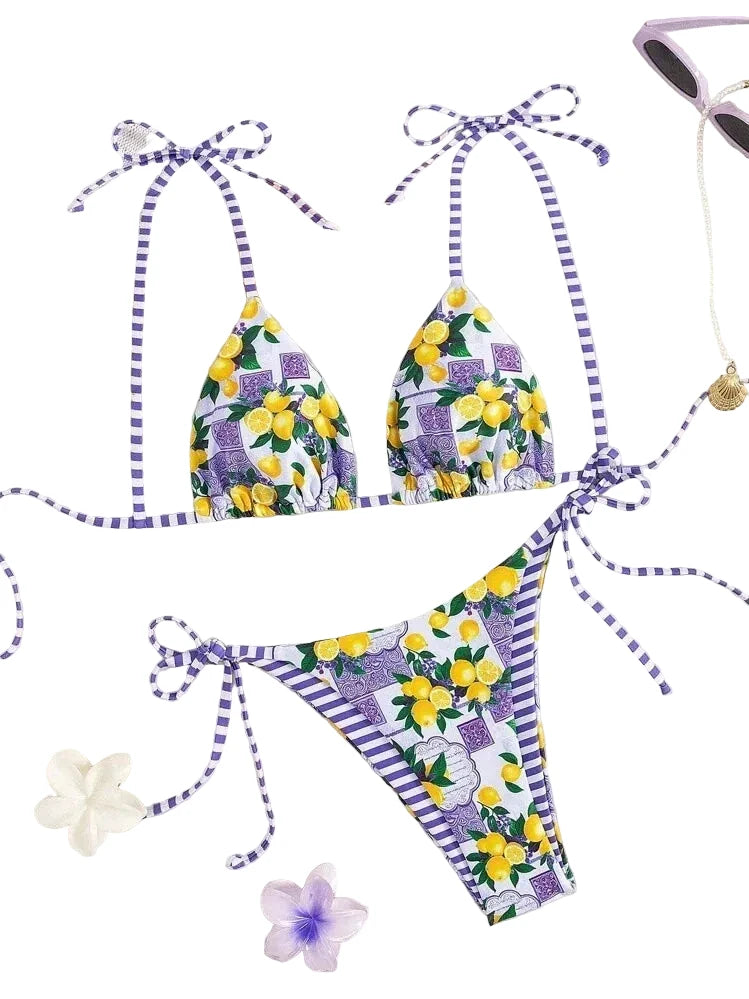 Playful Lemon and Stripe Mixed-Print Triangle Bikini Set
