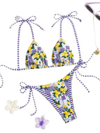 Playful Lemon and Stripe Mixed-Print Triangle Bikini Set