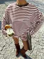 Striped Long Sleeve Top and Drawstring Shorts Casual Co-Ord Set