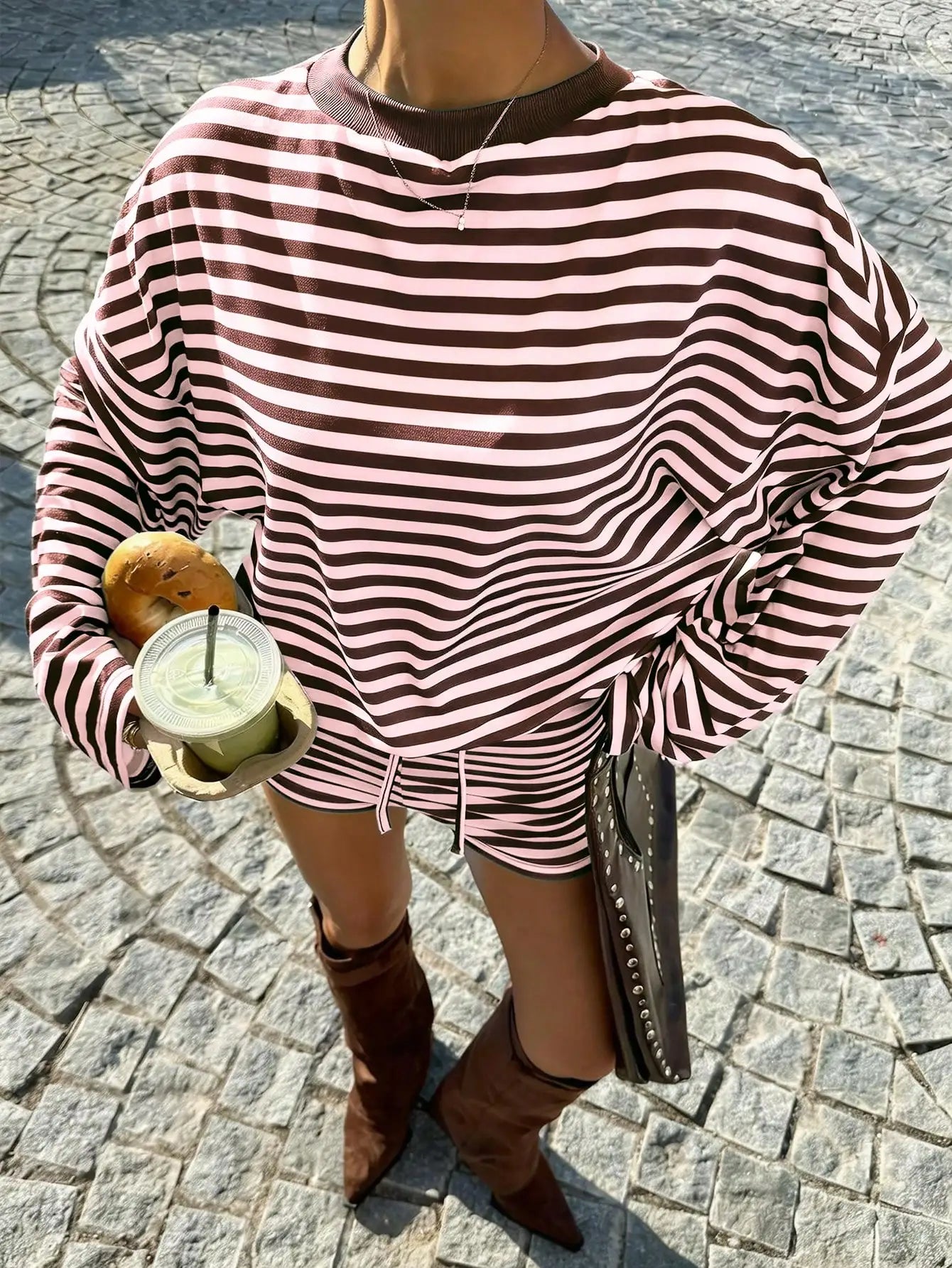 Striped Long Sleeve Top and Drawstring Shorts Casual Co-Ord Set