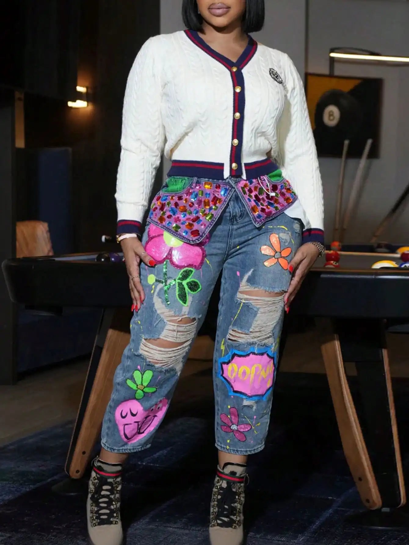 Women's Mid-Rise Distressed Wide-Leg Denim Jeans with Decorative Patchwork Streetwear Style