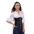High-Shine Black Faux Leather Underbust Corset with Zipper and Buckles