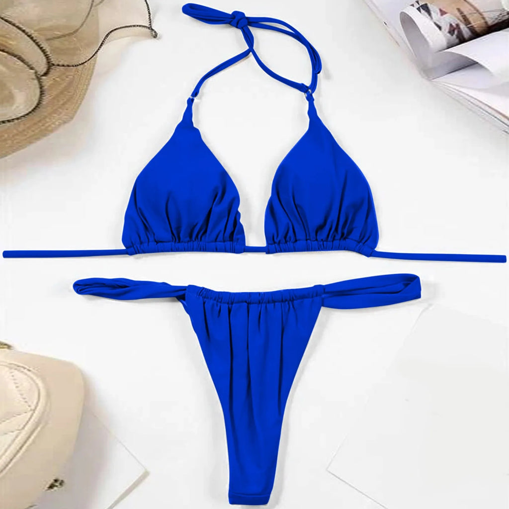 Solid Royal Blue Triangle String Bikini Set with Tie Fastenings
