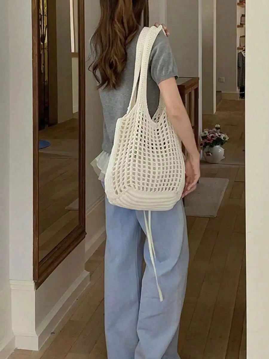 Open Knit Cotton Tote Shoulder Bag with Relaxed Everyday Design