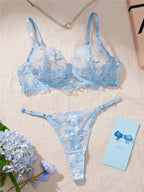 Serene Blue Sheer Mesh and Floral Embroidered Underwire Lingerie Set