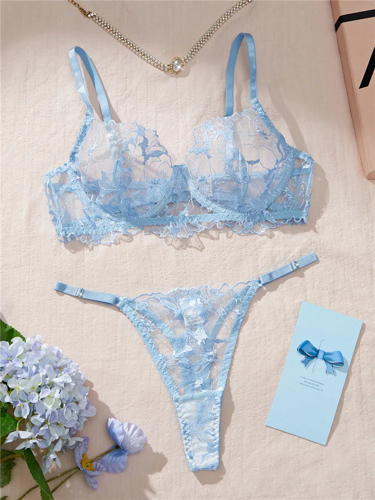 Serene Blue Sheer Mesh and Floral Embroidered Underwire Lingerie Set