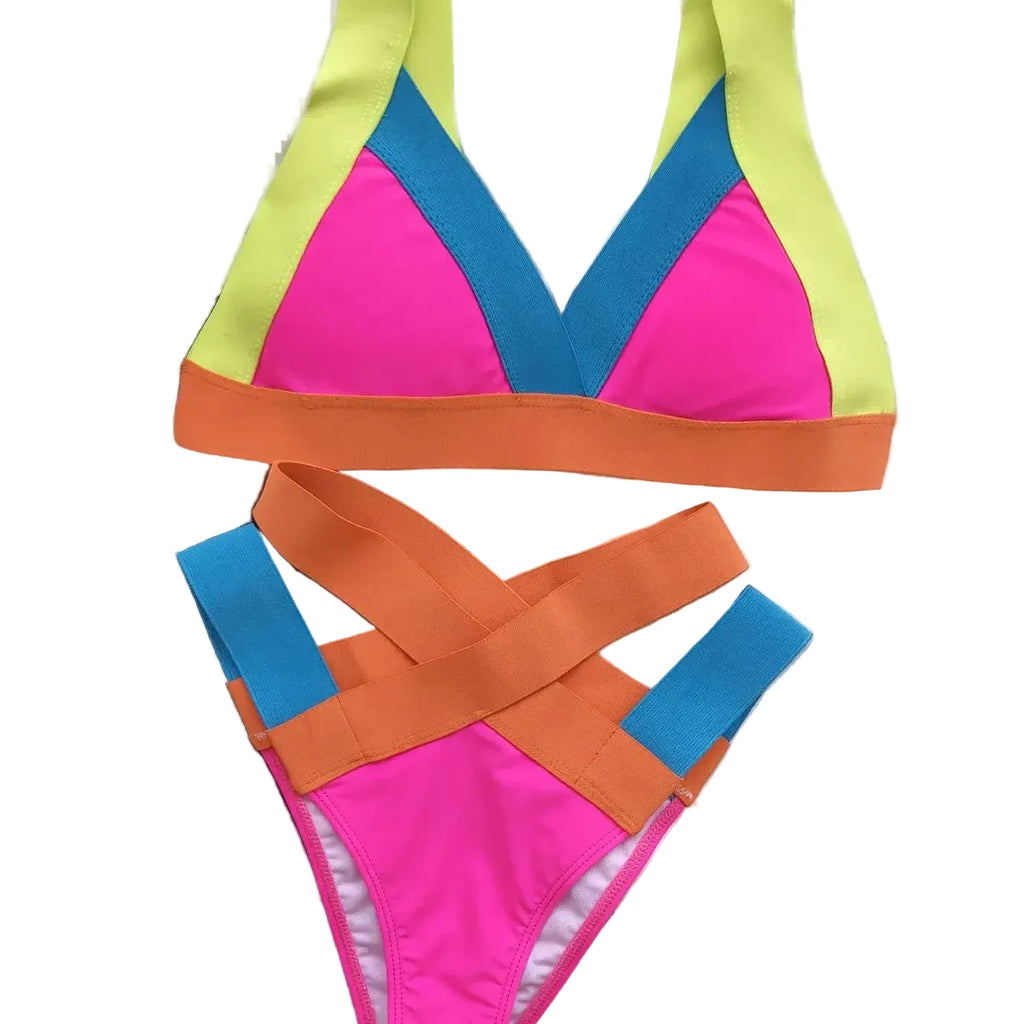 Vibrant Color-Block Bikini Set with Criss-Cross Strappy High-Waist Bottoms