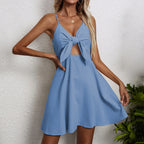 Bow Front Strappy Mini Dress With Flared Skater Silhouette And Open Front Detail
