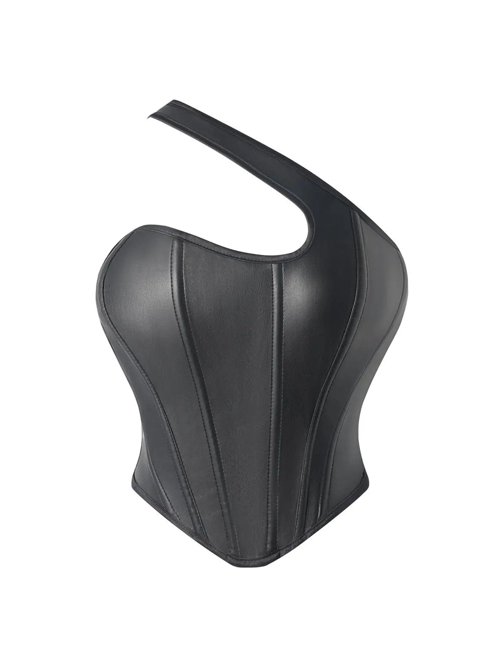 Sleek Black Faux Leather Asymmetrical One-Shoulder Corset Top