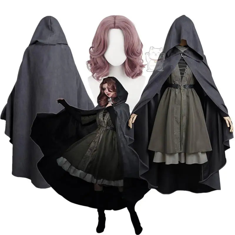 Women's Fantasy-Inspired Hooded Cape Dress Set with Layered Robe and Coordinated Wig
