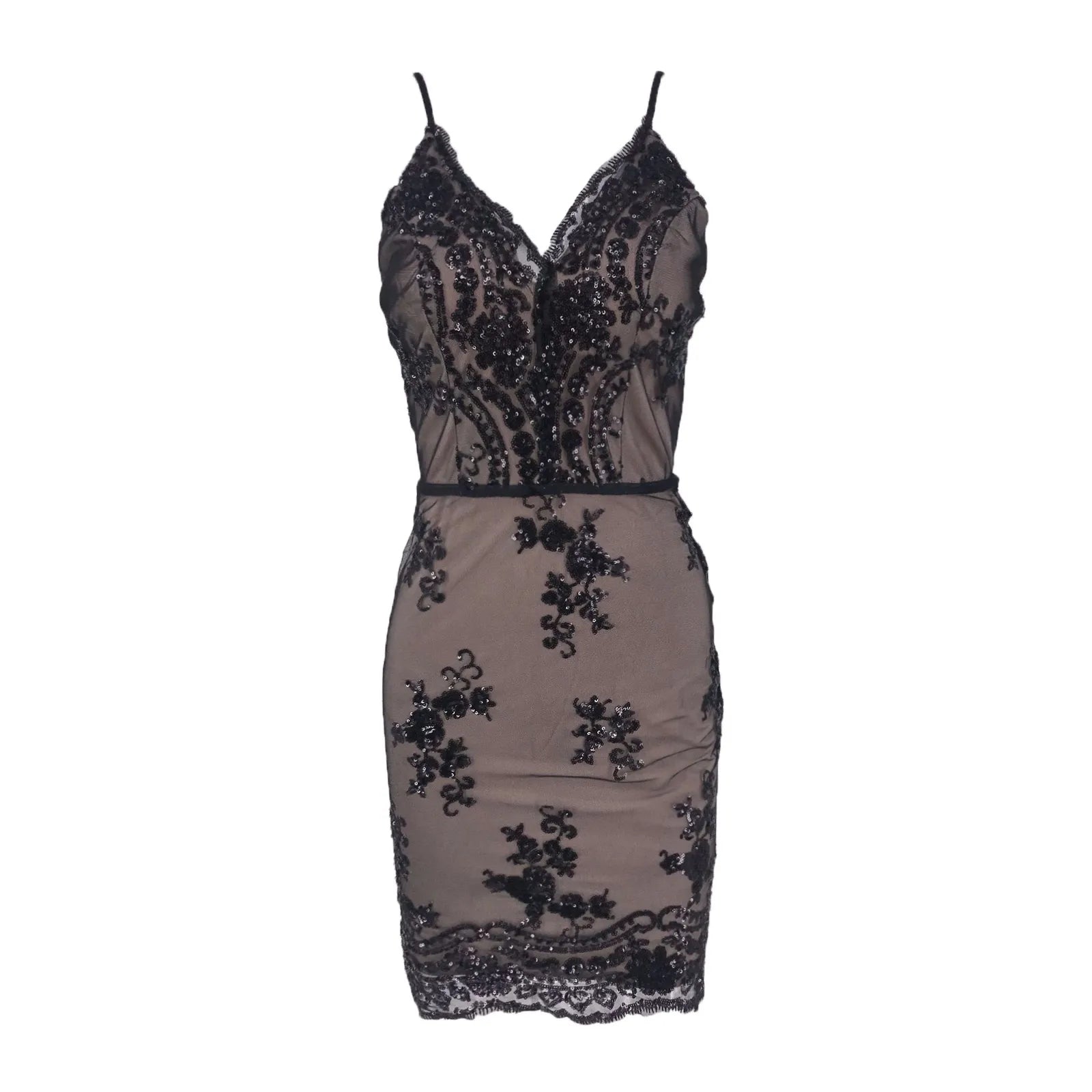 Deep V-Neck Embellished Bodycon Mini Dress with Sleek Fitted Design