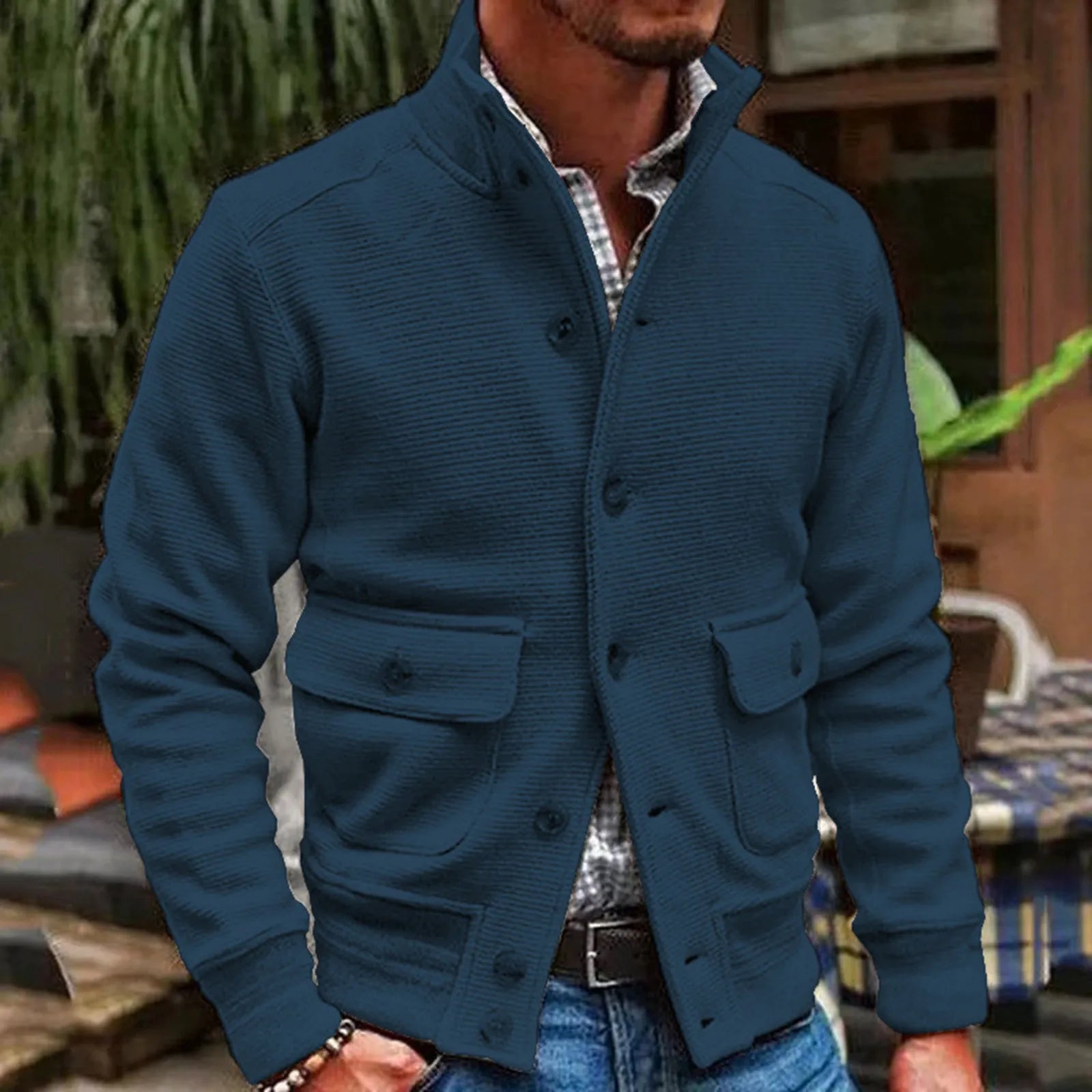 Men's Knit Button Front Cardigan Jacket with Utility Pockets for Contemporary Casual Streetwear