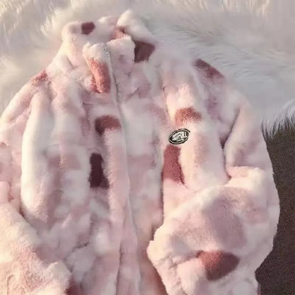 Women's Tie Dye Plush Fleece Zip Jacket with Relaxed Cozy Streetwear Silhouette