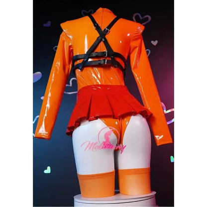 Women's Zip Front Bodysuit Set with Lace-Up Mini Skirt, Harness Belt and Matching Socks