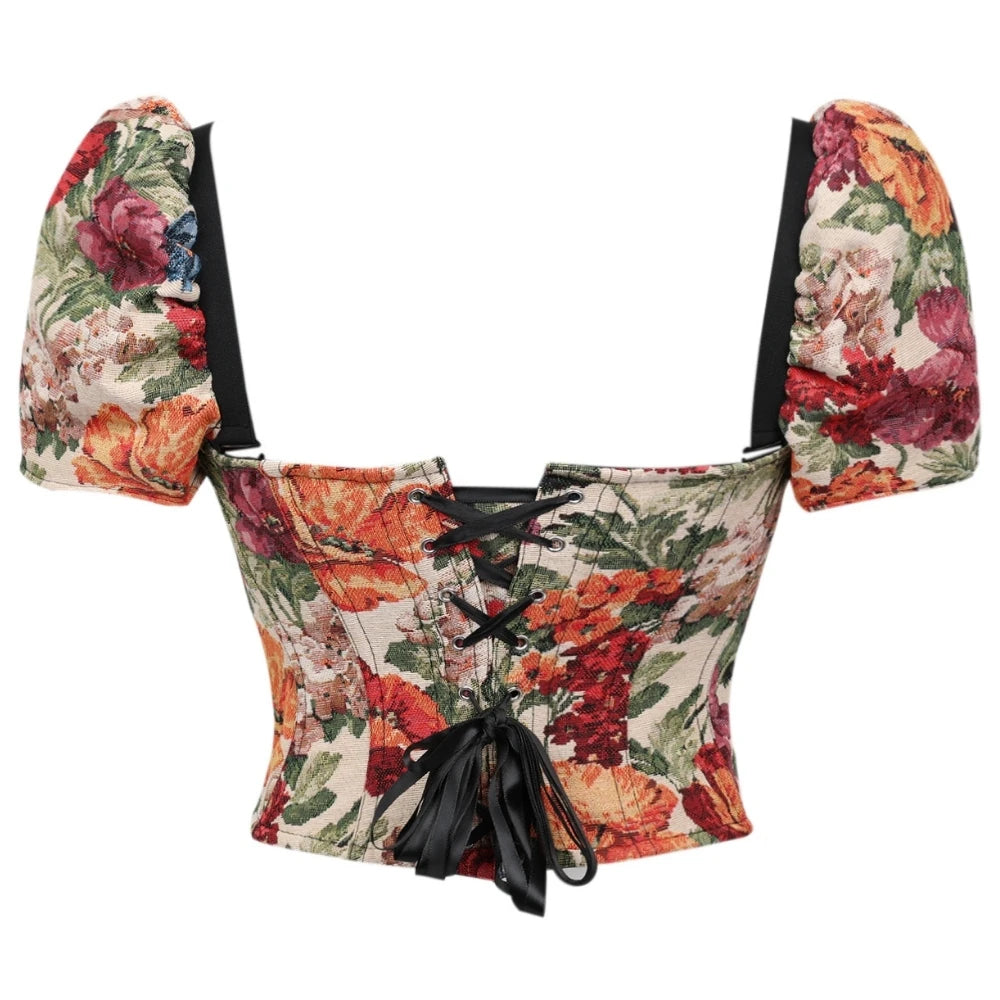 Romantic Floral Tapestry Overbust Corset with Sweetheart Neckline and Detachable Puff Sleeves