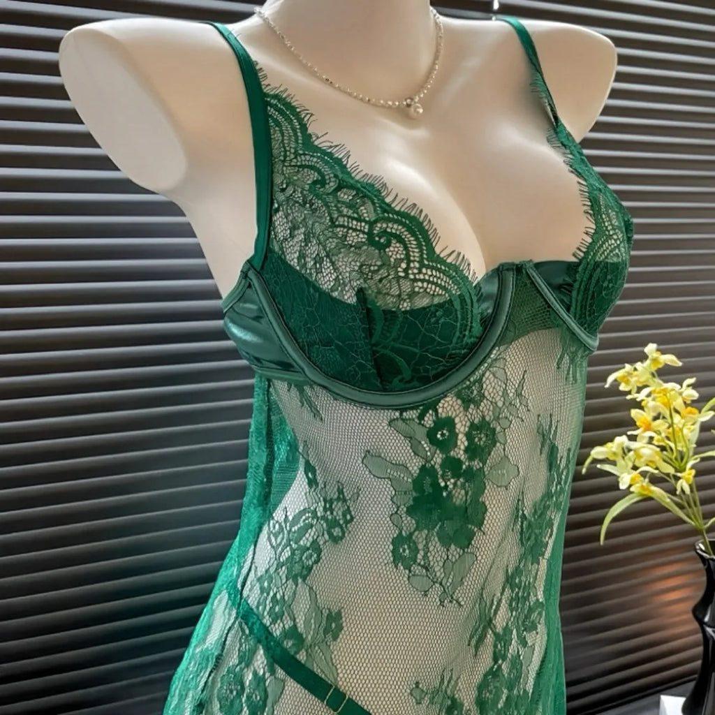Emerald Green Sheer Floral Lace Mini Dress with Defined Cups