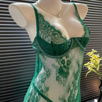 Emerald Green Sheer Floral Lace Mini Dress with Defined Cups