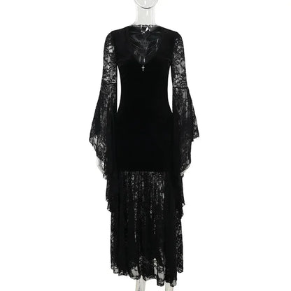 Flowing Gothic Velvet Dress with Dark Alternative Streetwear Elegance