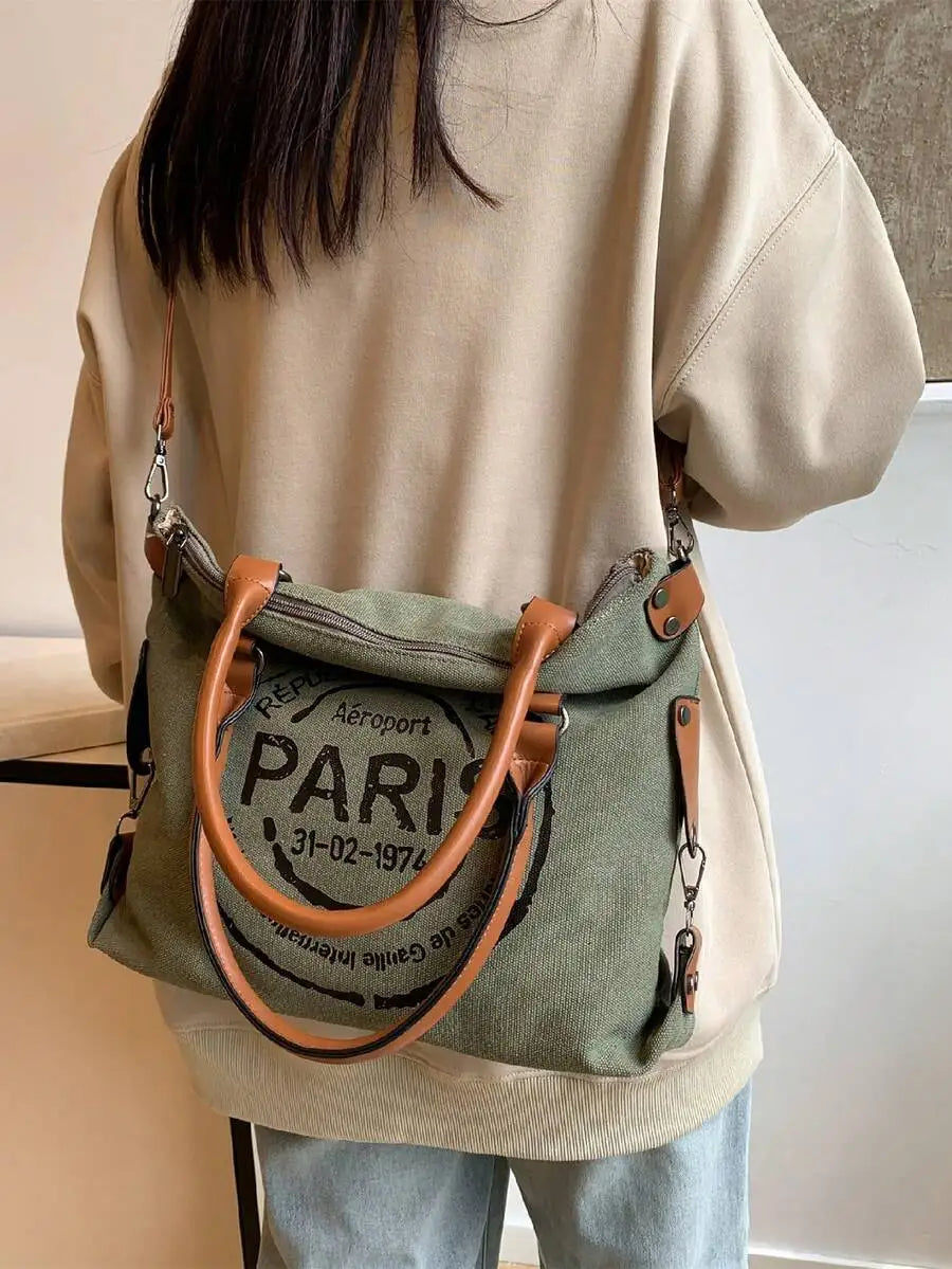 Vintage Inspired Canvas Tote Crossbody Bag with Graphic Print Design