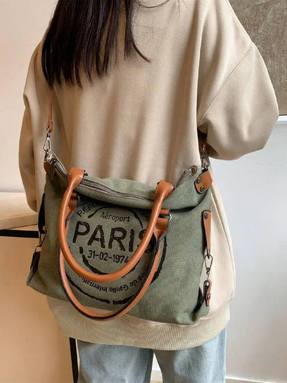 Vintage Inspired Canvas Tote Crossbody Bag with Graphic Print Design
