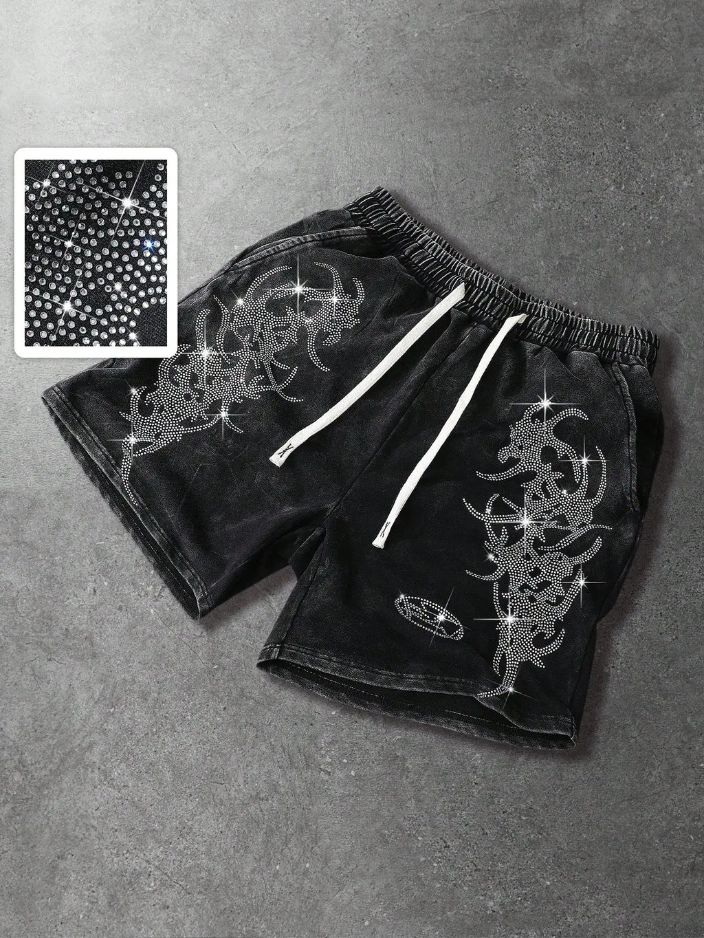 Men's Loose Graphic Print Drawstring Sports Shorts with Distressed Streetwear Inspired Design