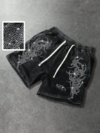 Men's Loose Graphic Print Drawstring Sports Shorts with Distressed Streetwear Inspired Design