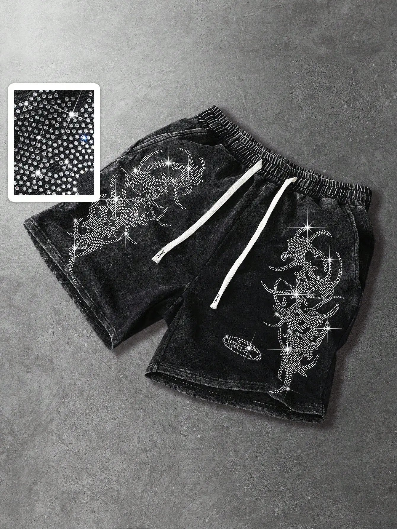 Men's Loose Graphic Print Drawstring Sports Shorts with Distressed Streetwear Inspired Design