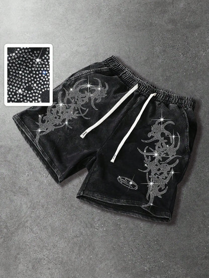 Men's Loose Graphic Print Drawstring Sports Shorts with Distressed Streetwear Inspired Design