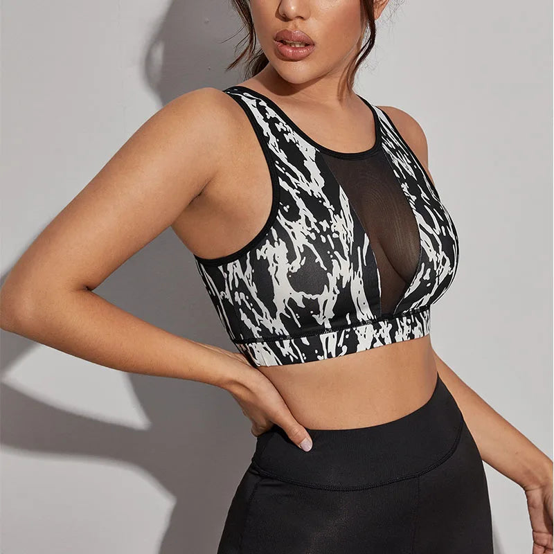 Abstract Print V-Neck Sports Bra with Center Mesh Paneling