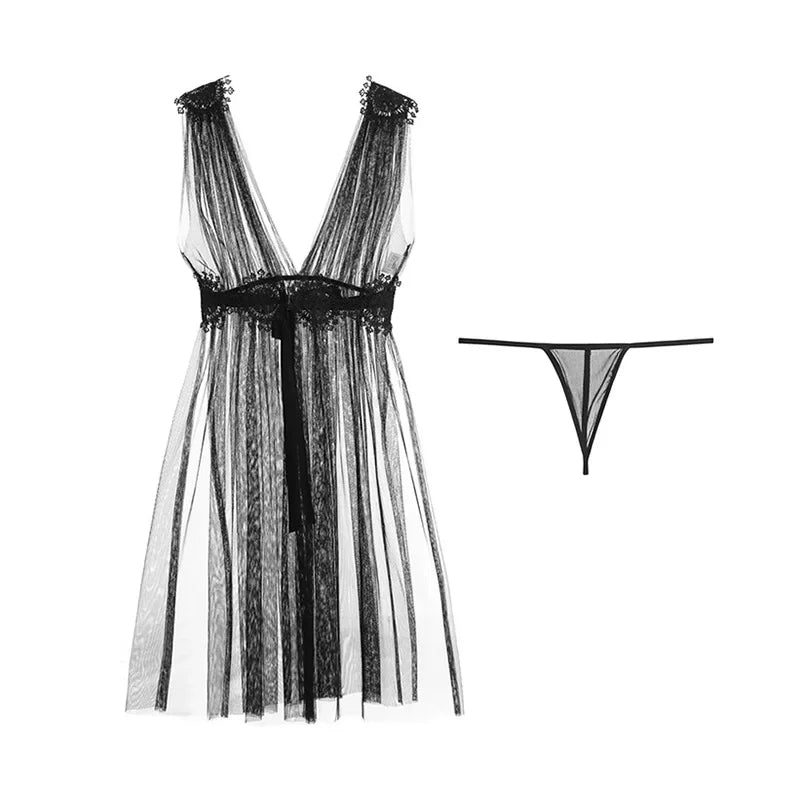 Alluring Black Sheer Mesh Plunge Babydoll and Matching Thong Set