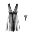 Alluring Black Sheer Mesh Plunge Babydoll and Matching Thong Set
