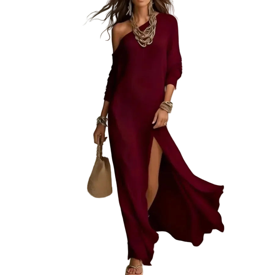Long Sleeve Pleated Split Maxi Dress with Flowing Contemporary Elegance