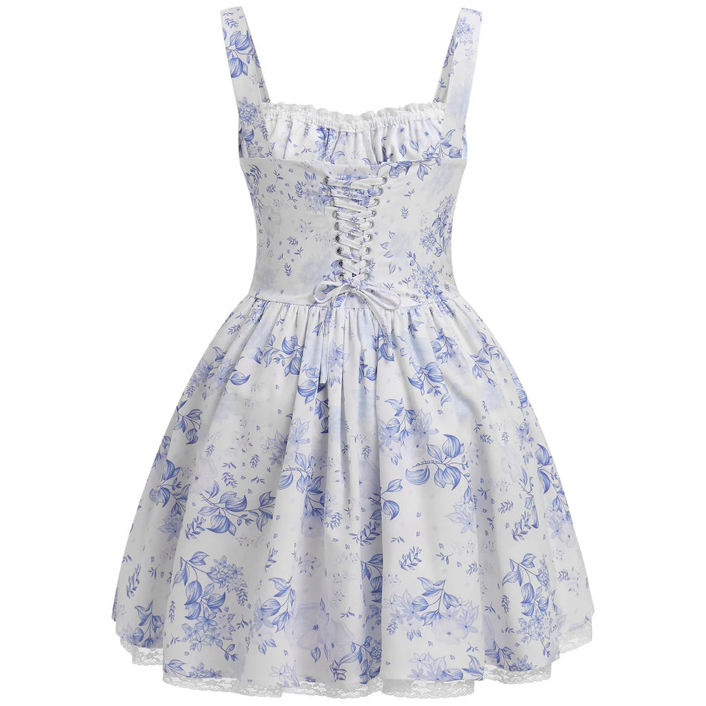 Romantic Blue Floral Corset-Style Mini Dress with Delicate Lace Trim and Tie-Front Bodice