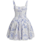 Romantic Blue Floral Corset-Style Mini Dress with Delicate Lace Trim and Tie-Front Bodice