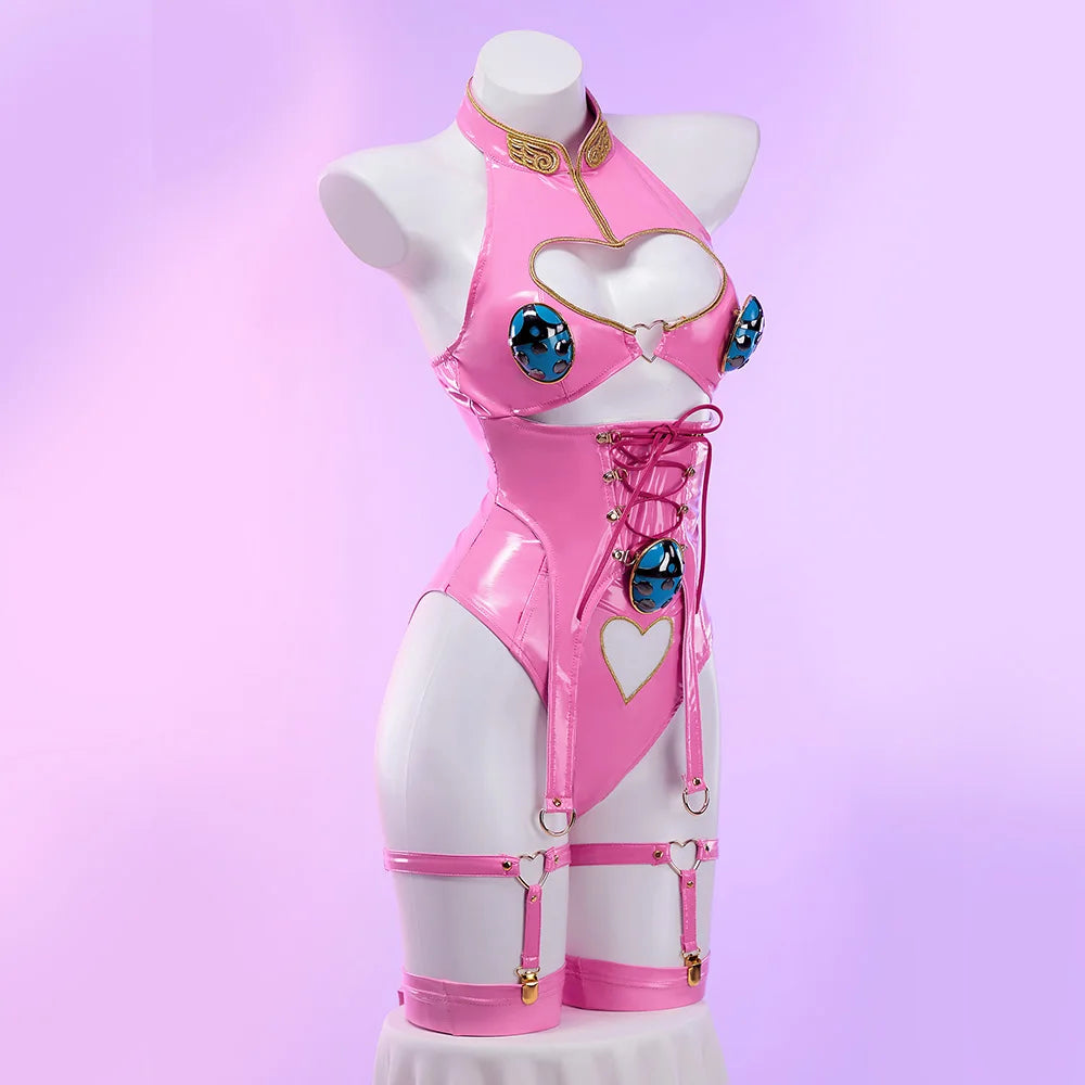 Women's Halter Cutout Bodysuit Set with Matching Gloves, Leg Bands and Coordinated Accessories
