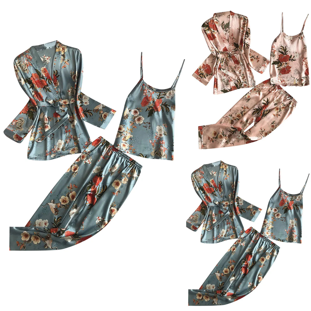 Elegant 3-Piece Floral Print Satin-Finish Loungewear Set with Robe, Cami, and Trousers