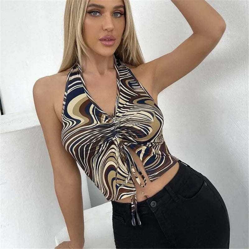 Women's Pleated Halter Crop Tank Top with Abstract Print and Lace-Up Streetwear Design