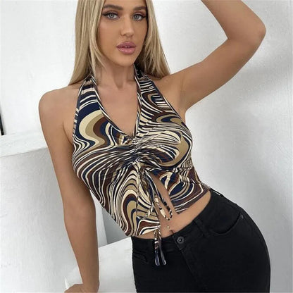 Women's Pleated Halter Crop Tank Top with Abstract Print and Lace-Up Streetwear Design