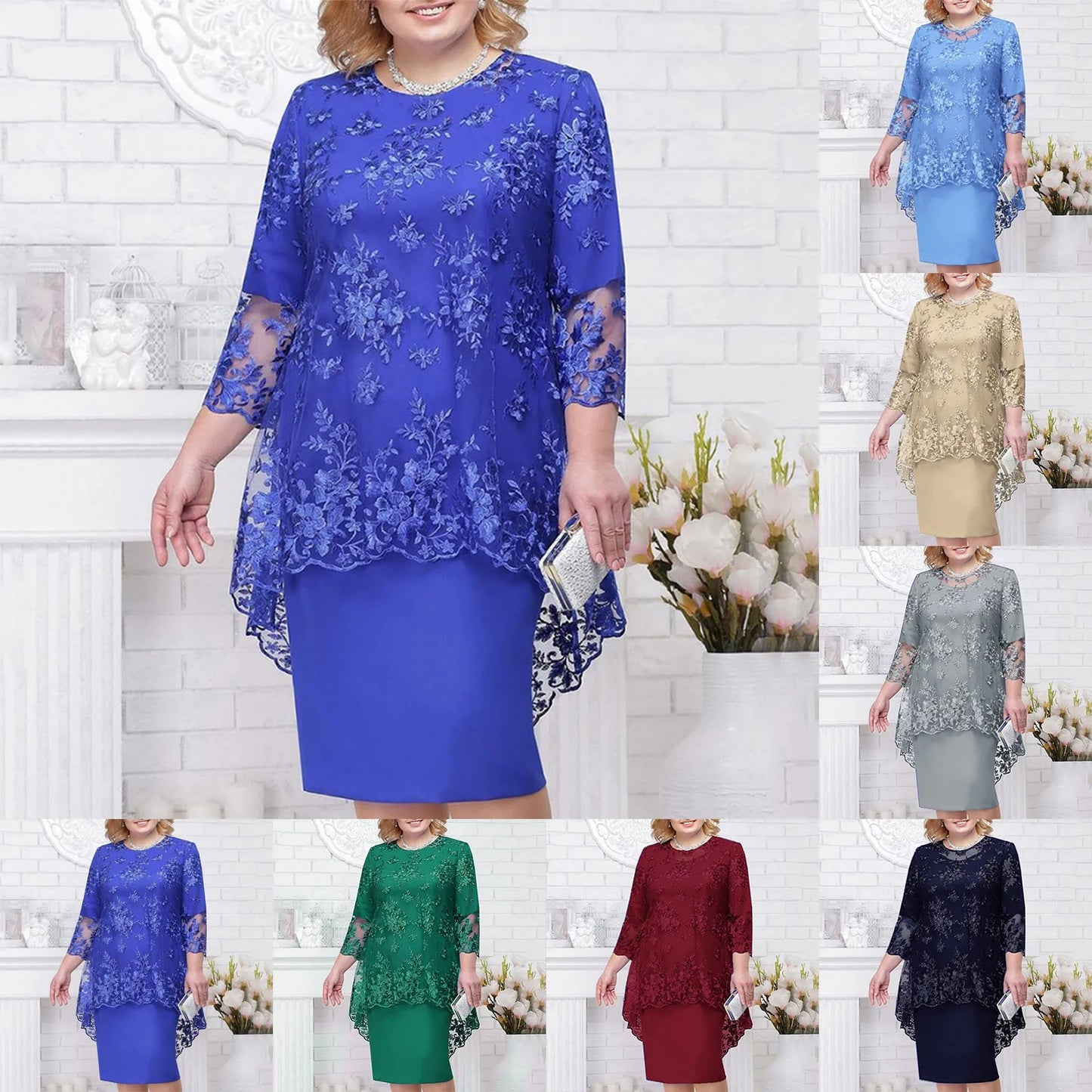 Elegant Floral Lace Overlay Alternative Occasion Midi Dress