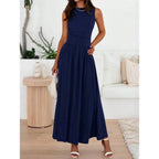 Sleeveless High Waist Maxi Dress with Ruched Panels and Functional Pockets