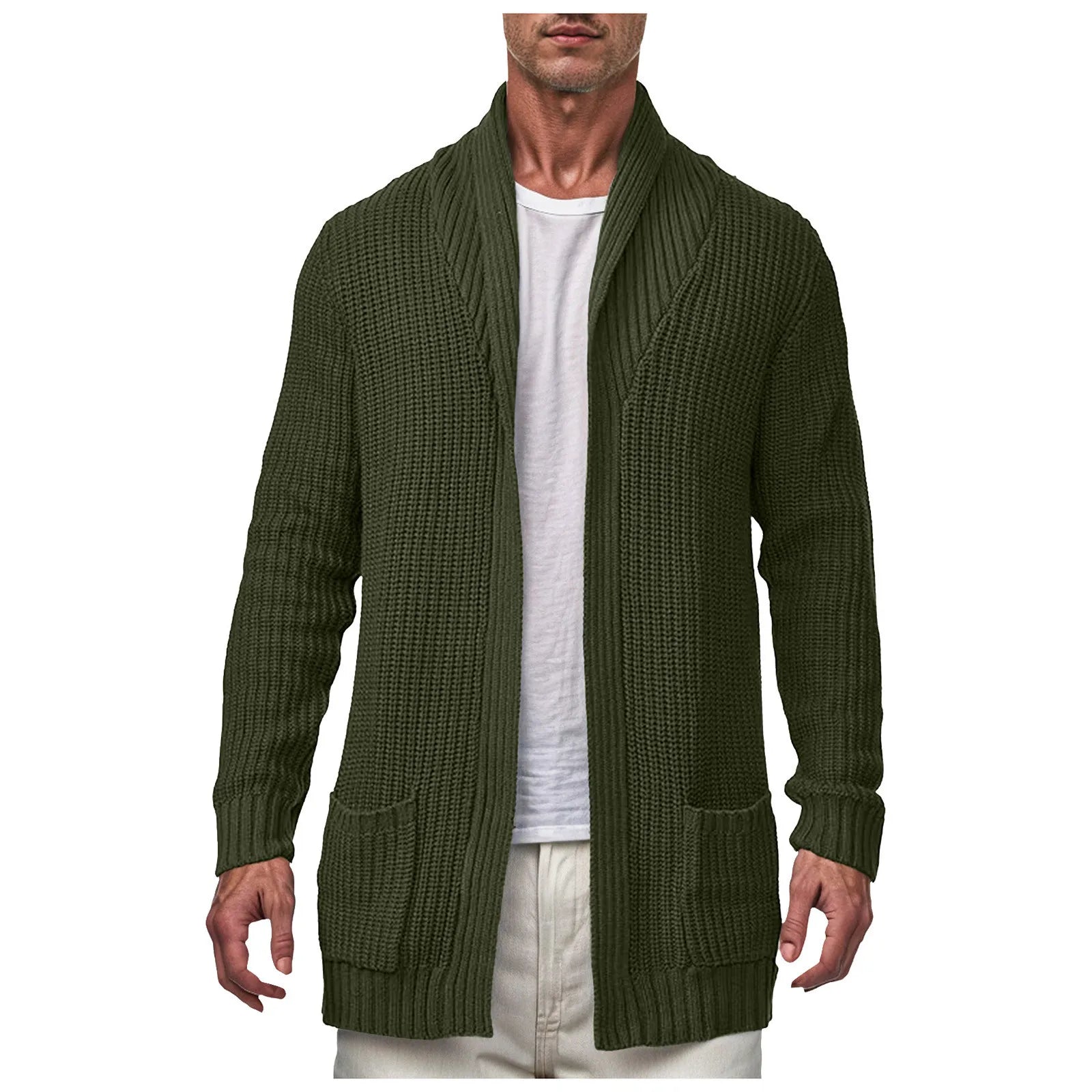 Men's Longline Ribbed Knit Cardigan with Open Front Relaxed Silhouette