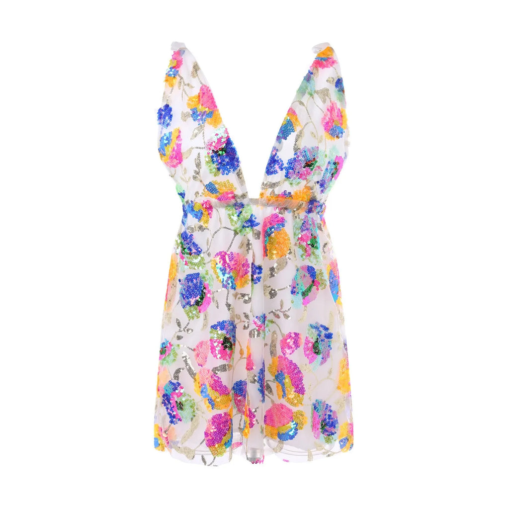 Vibrant Floral Print Plunging V-Neck Mini Dress with Tie Straps and Open Back